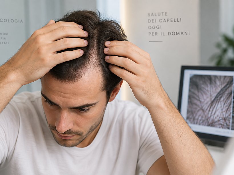 Uomo con diradamento dei capelli valuta l'alopecia androgenetica — studio del Dott. Valle a Genova