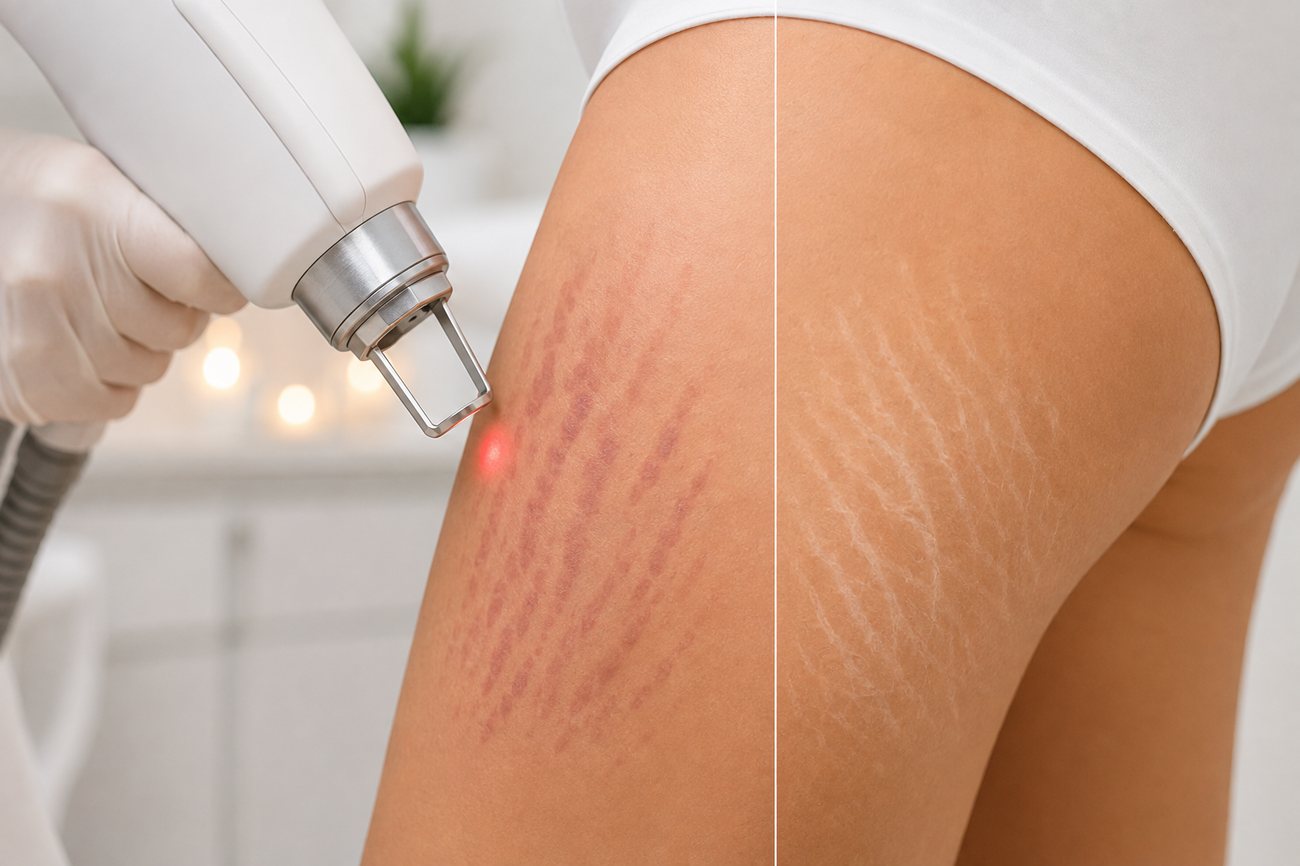 Trattamento laser delle smagliature: confronto prima e dopo su coscia — resurfacing a Genova